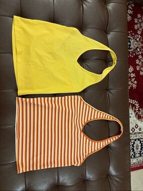 American Eagle Outfitters Orange, Yellow & White Striped Ribbed halter neck top
